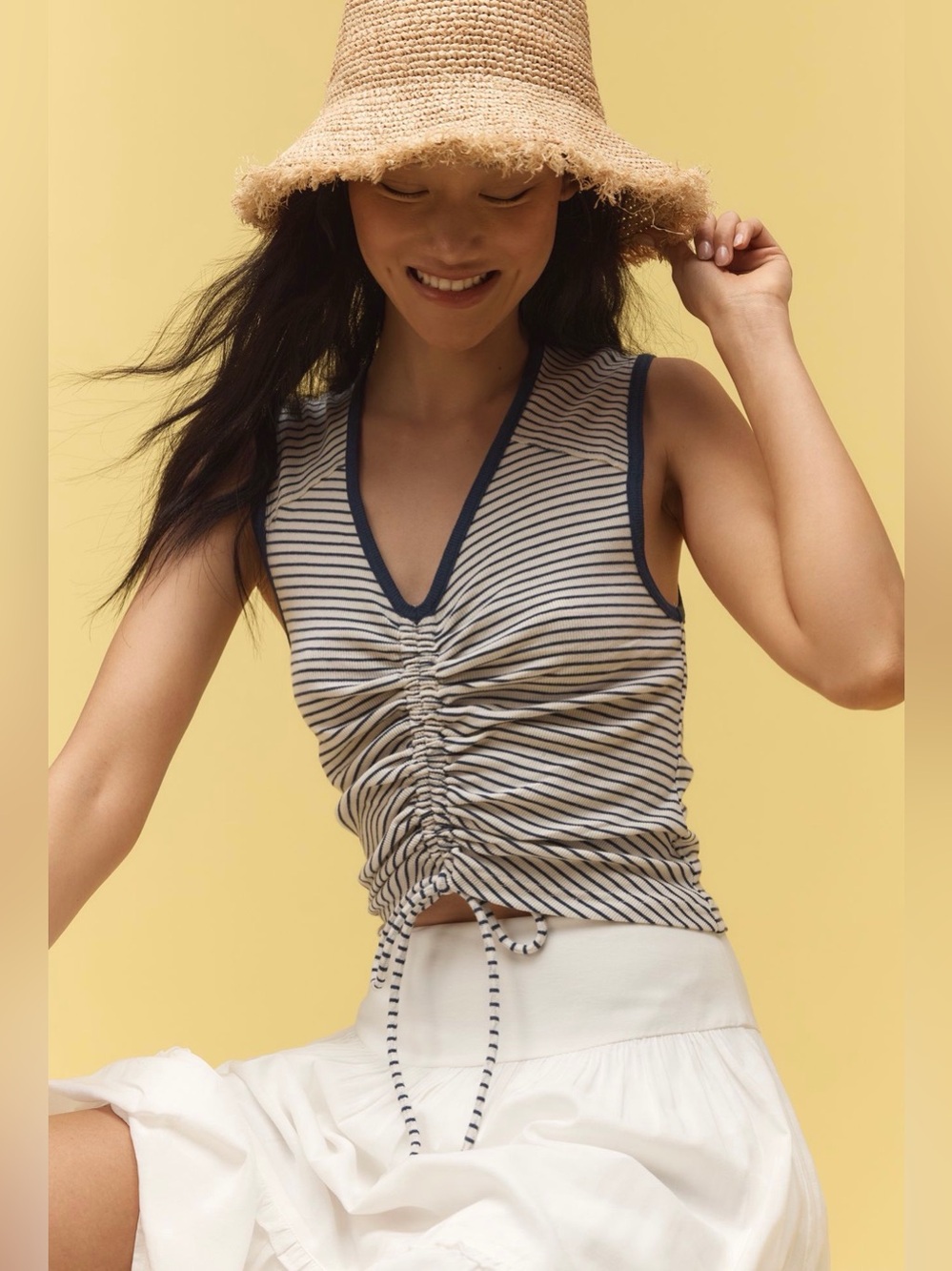 Pilcro Striped V-Neck Ruched Tank Top - Navy/White